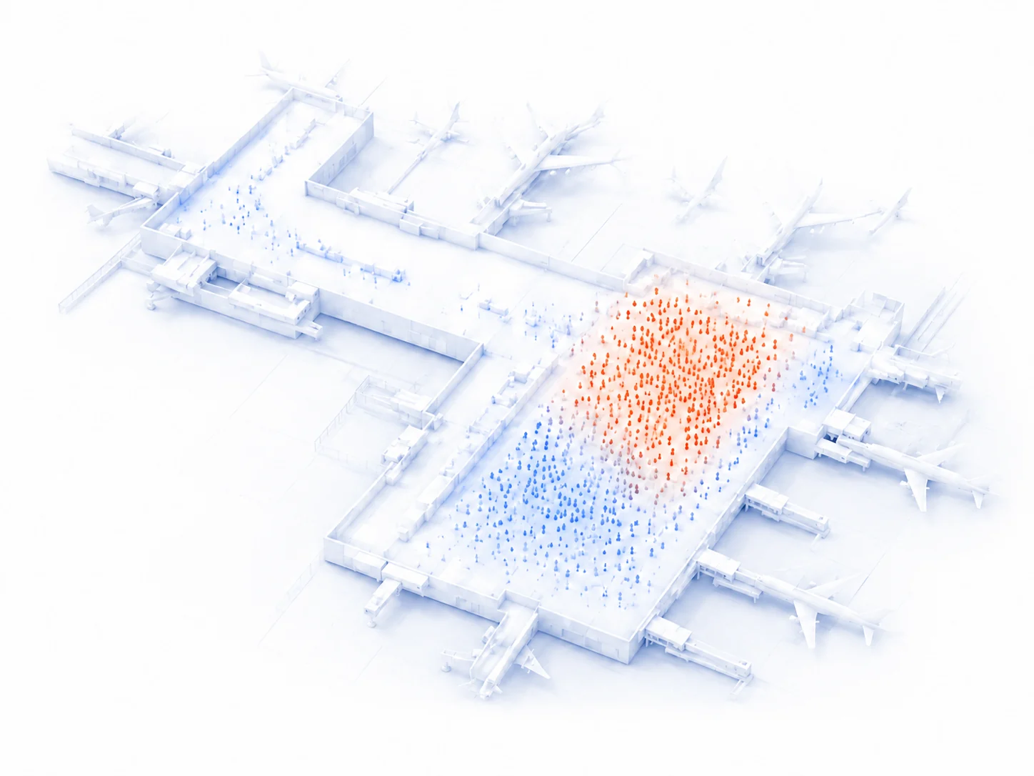 Isometric terminal heatmap showing live passenger density around gate B14